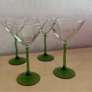 4 Libbey Courbe Martini Z stem Glasses twisted stemware 8" barware green WAVY ~